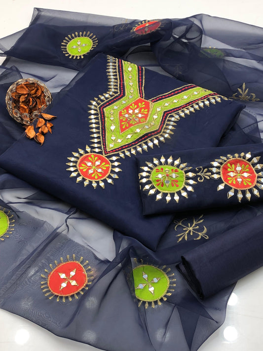 Dazzling Mirror & Multi Appliqué Organza with Kataan Silk 3Pcs Dress