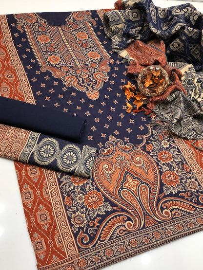 Acrylic Wool Jacquard Shirt Shawl & Trouser 3Pcs Dress