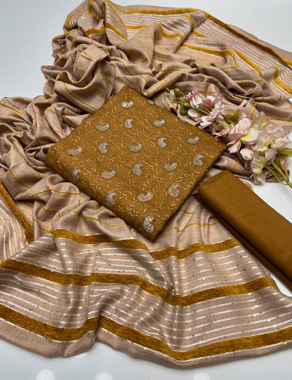 Opaline Marina Linen Embroidered Sequence with Wool Shawl 3Pcs Dress