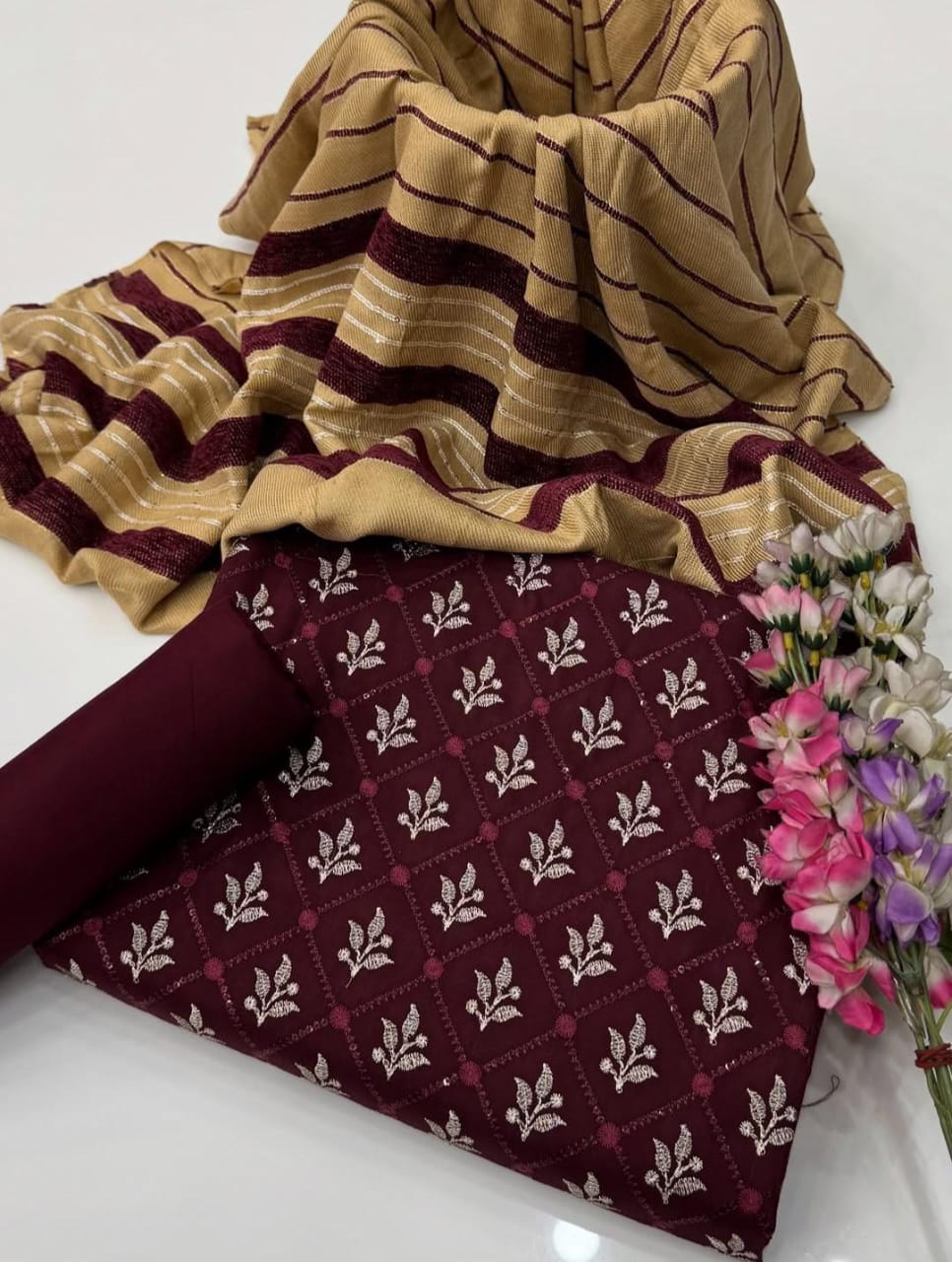 Marina Linen Embroidered Shirt With Velvet Shawl 3Pcs Dress