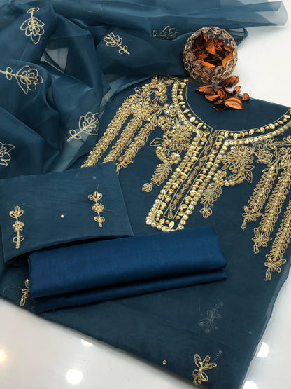 Luminara Organza Shirt with Embroidered Dupatta & Silk Trouser 3Pcs Dress