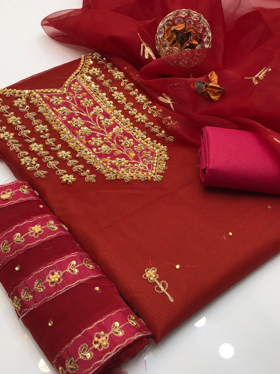 Orivana Organza Shirt with Embroidered Dupatta & Silk Trouser 3Pcs Dress