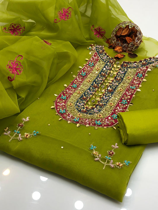 Exquisite Multi Appliqué Organza with Kataan Silk 3Pcs Dress