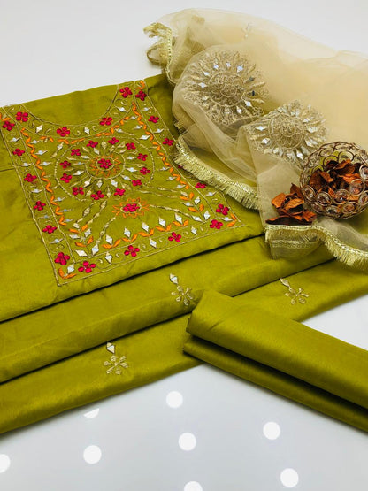 Modern Kataan Silk Multi Reta Embroidered Shirt and Dupatta 3Pcs Dress