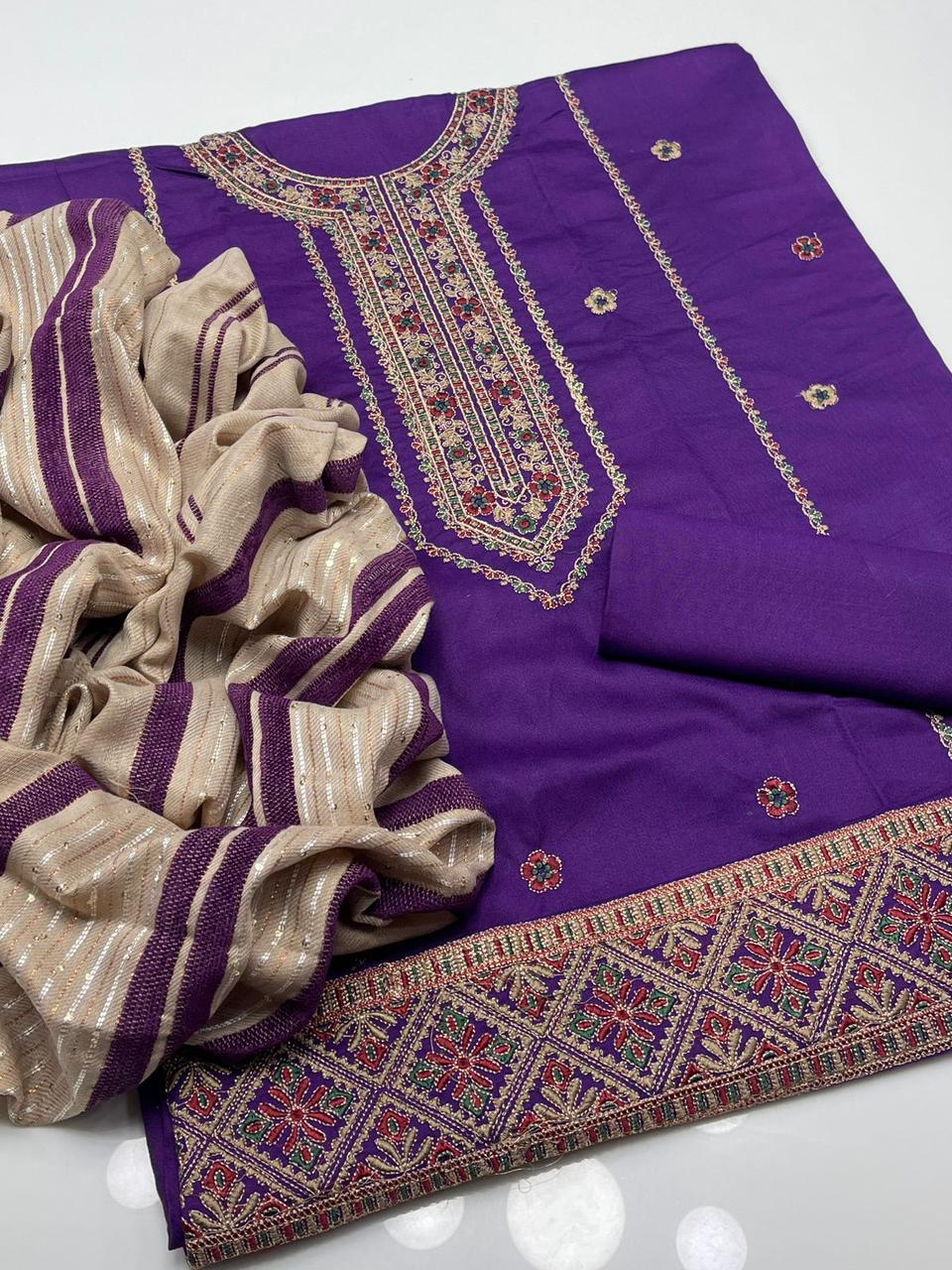 Dhanak Embroidered With Velvet Shawl 3Pcs Dress