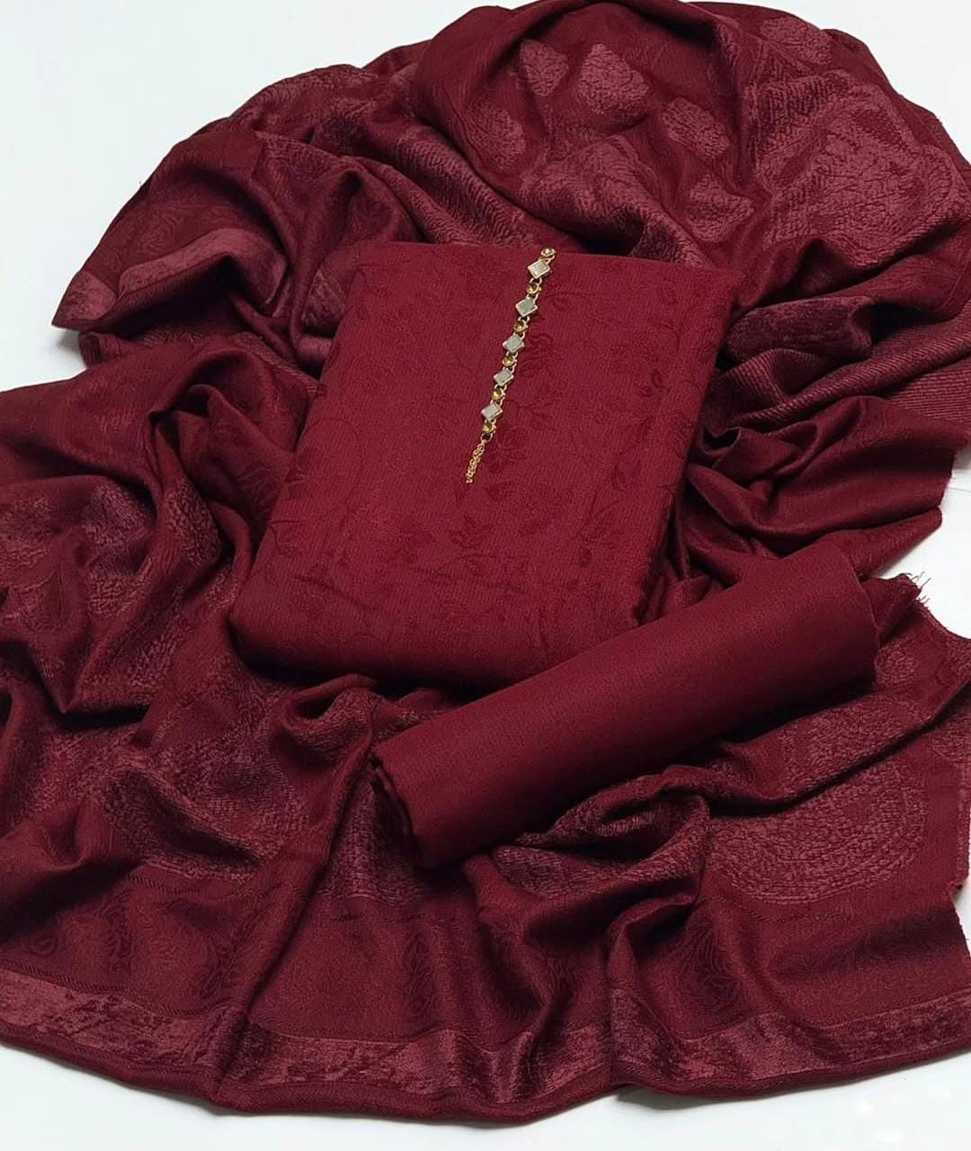 Pure Pashmina Jacquard Suit With Velvet Work Shawl 3Pcs Dress