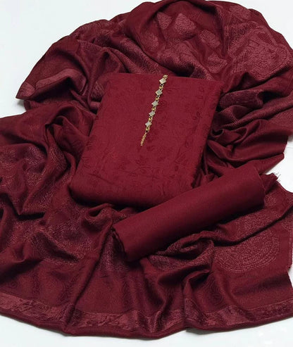 Pure Pashmina Jacquard Suit With Velvet Work Shawl 3Pcs Dress