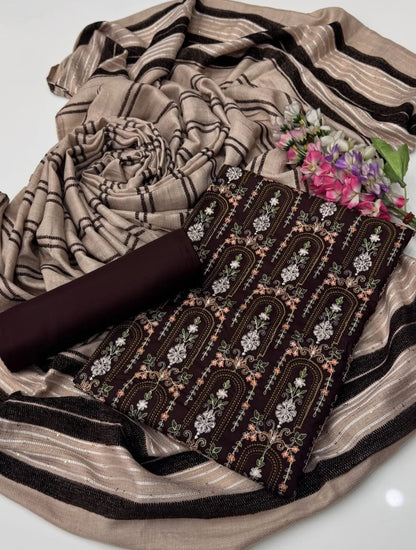 Marina Linen Embroidered Shirt With Velvet Shawl 3Pcs Dress