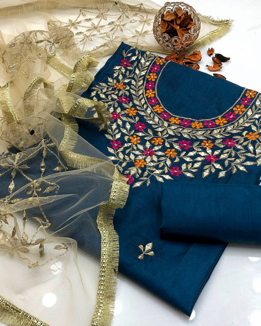 True Kataan Silk Reta Embroidered Shirt and Dupatta 3Pcs Dress