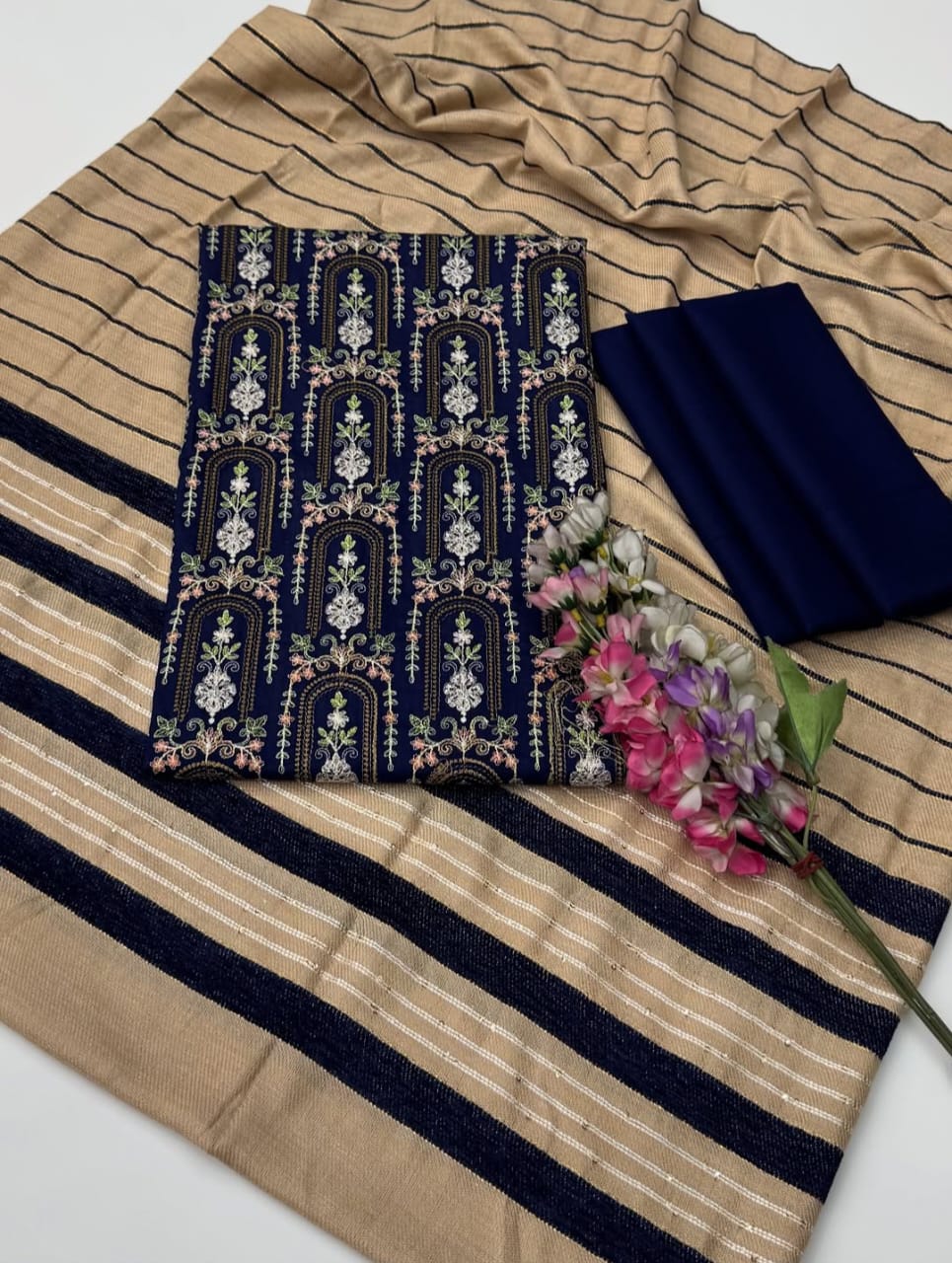 Marina Linen Embroidered Shirt With Velvet Shawl 3Pcs Dress