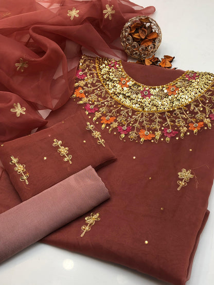 Celestria Organza Shirt with Embroidered Dupatta & Silk Trouser 3Pcs Dress