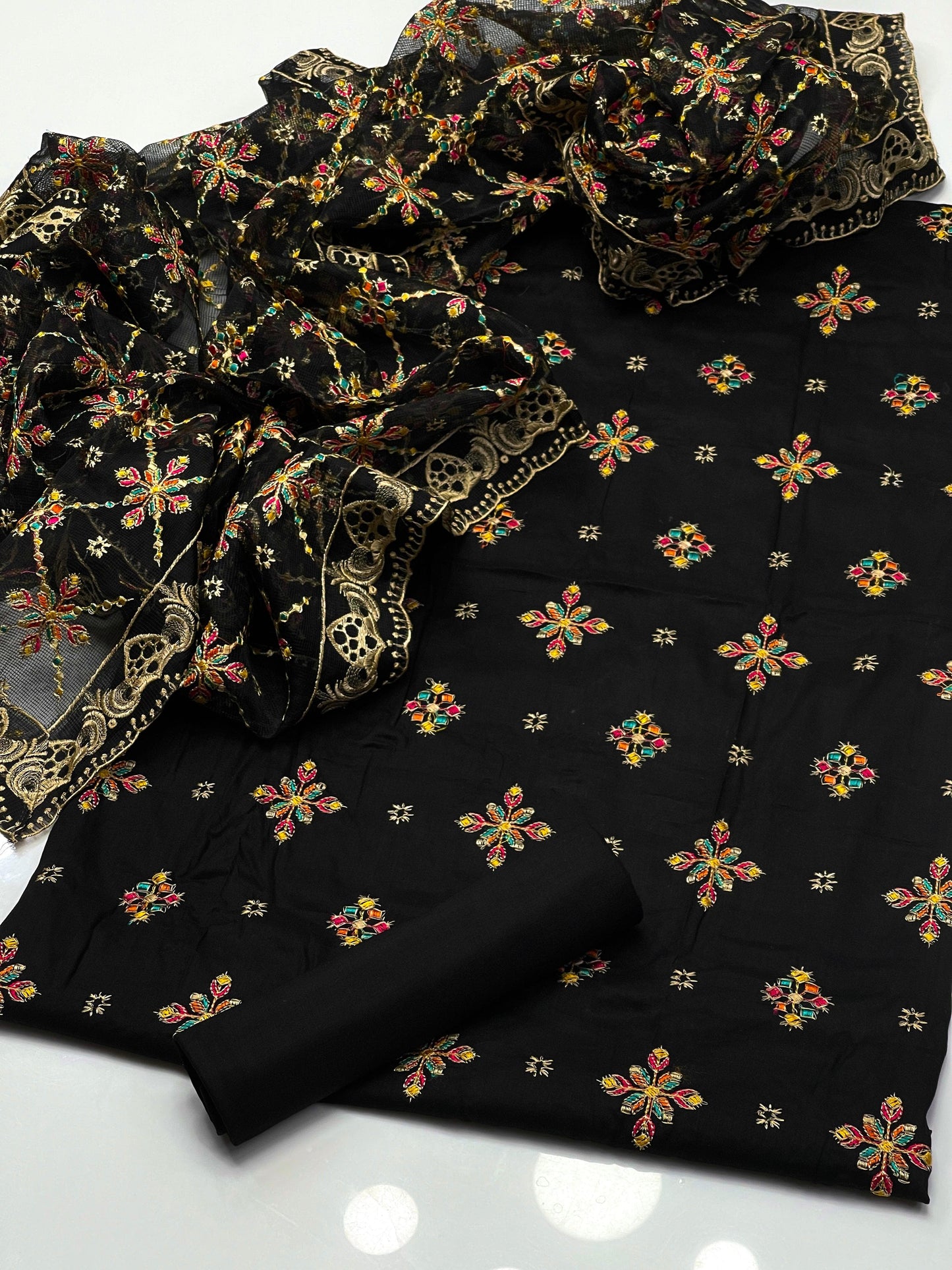 Khaddi Net Embroidered Shirt with Jaal Dupatta 3Pcs Dress