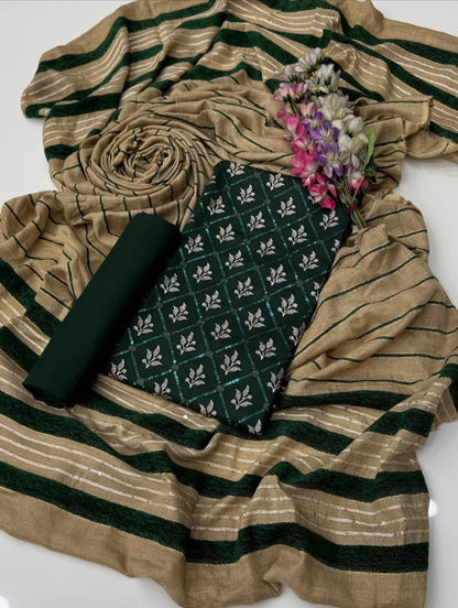 Marina Linen Embroidered Shirt With Velvet Shawl 3Pcs Dress