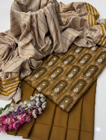 Marina Linen Embroidered Shirt With Velvet Shawl 3Pcs Dress