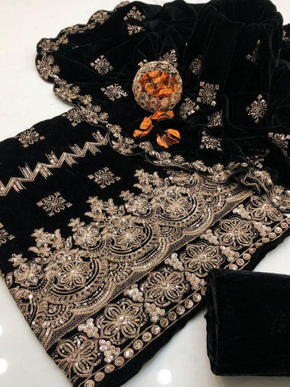 Micro Velvet Heavy Embroidered Dress 3Pcs Dress