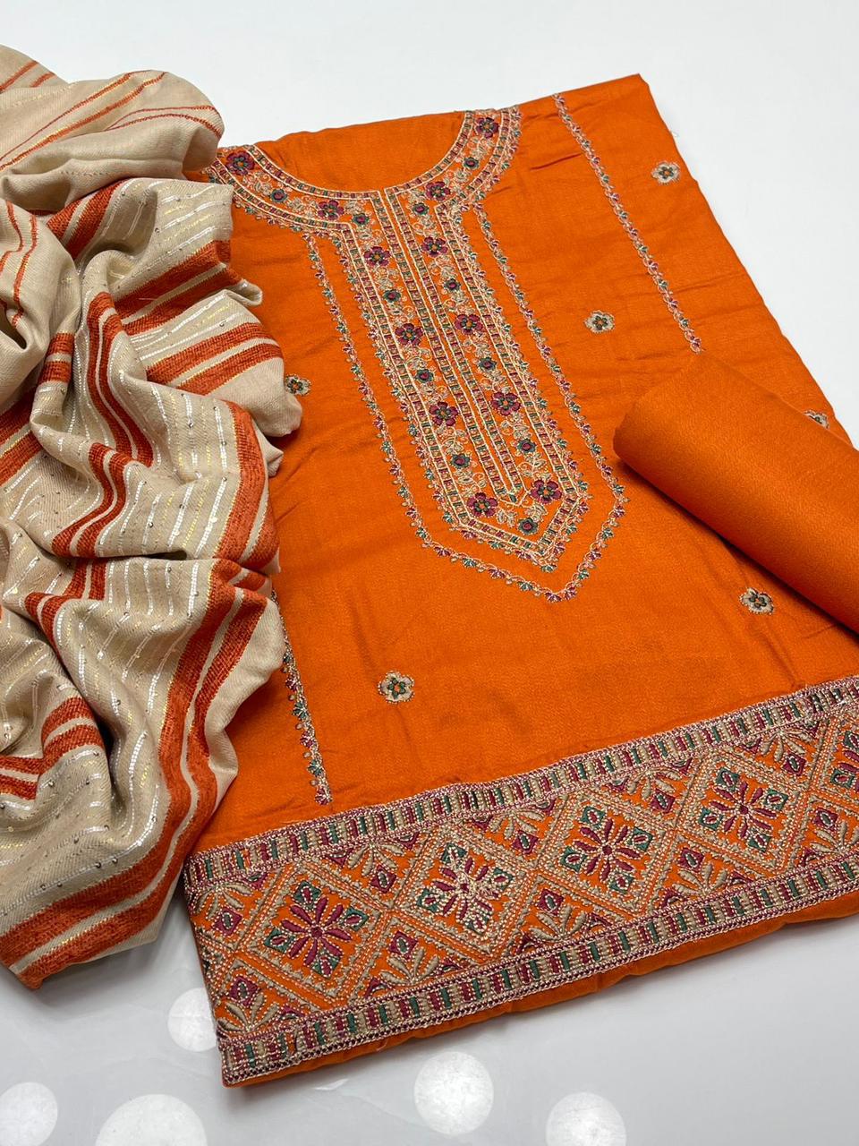 Dhanak Embroidered With Velvet Shawl 3Pcs Dress