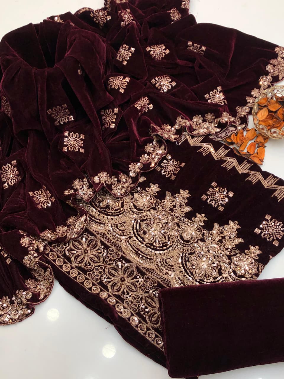 Micro Velvet Heavy Embroidered Dress 3Pcs Dress