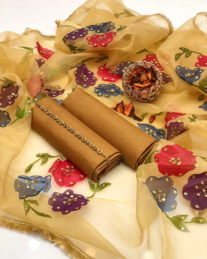 Enchant Kataan Silk Brush Paint & Zari Work 3Pcs Dress