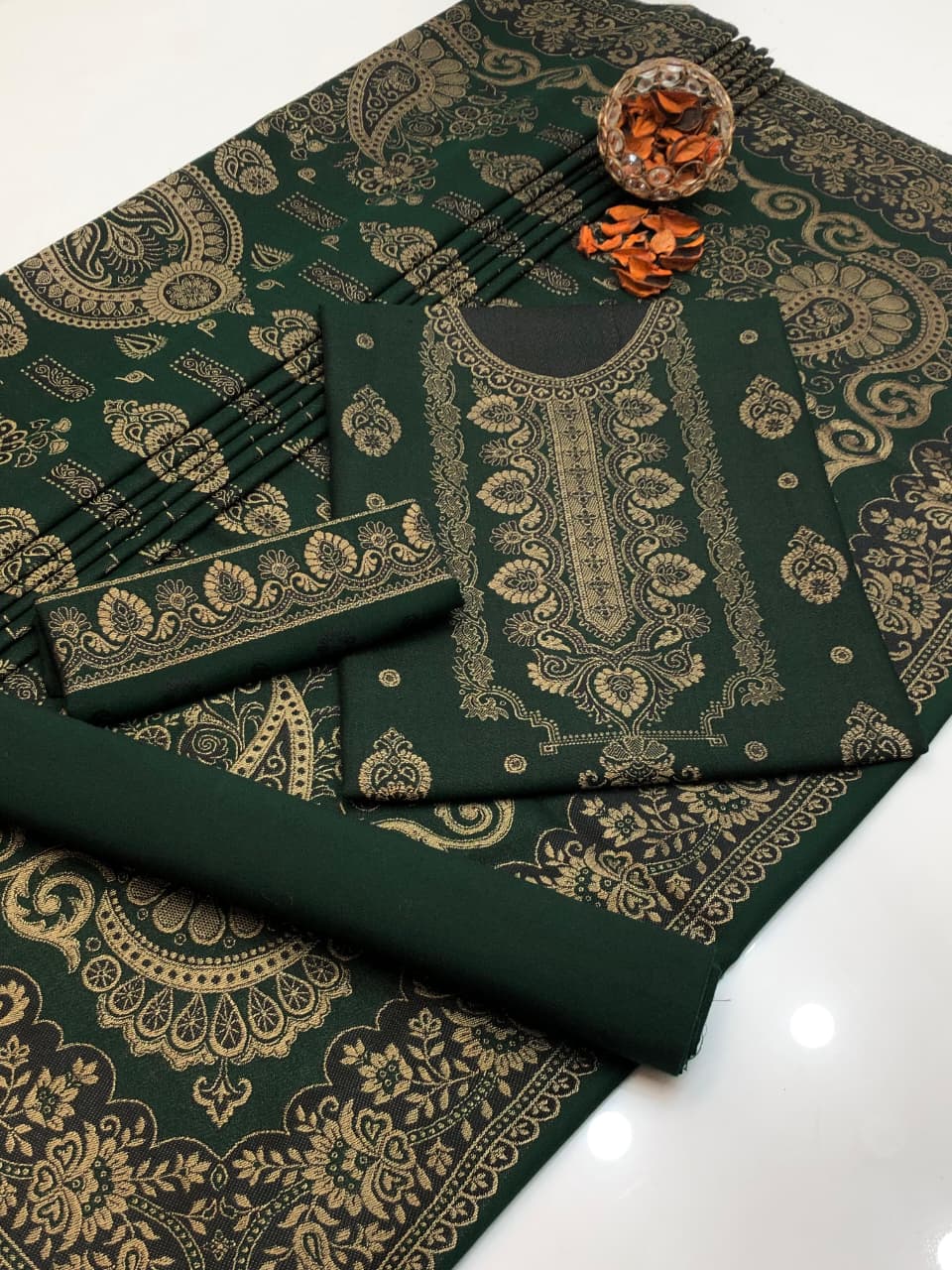 Luxury Wool Jacquard with Heavy Shawl 3Pcs Dress