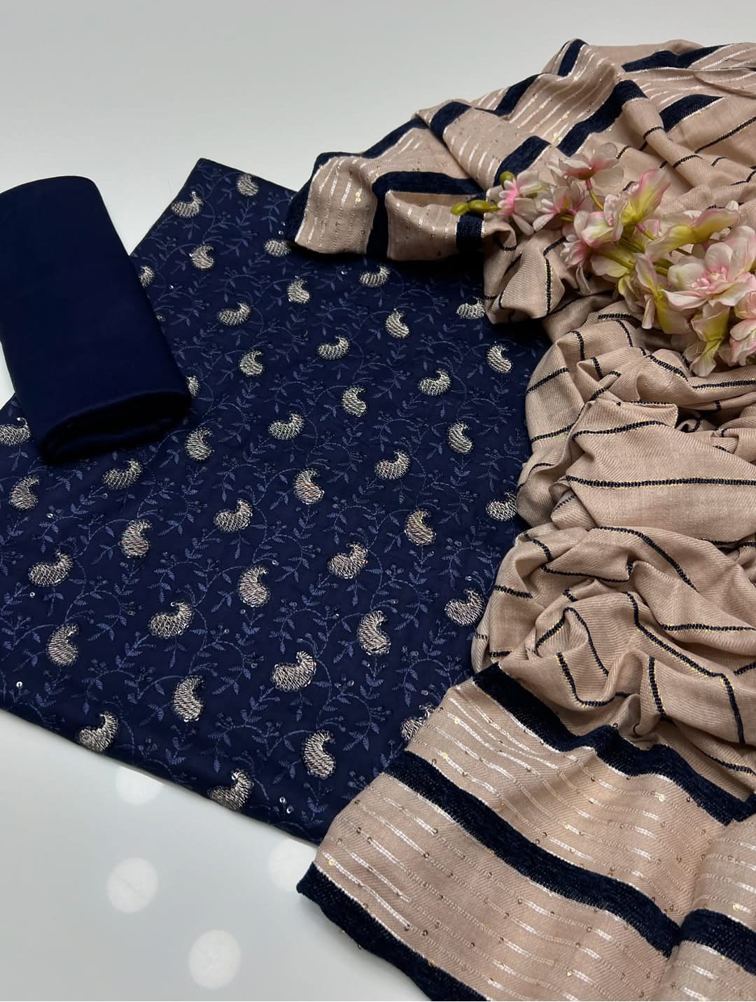 Opaline Marina Linen Embroidered Sequence with Wool Shawl 3Pcs Dress