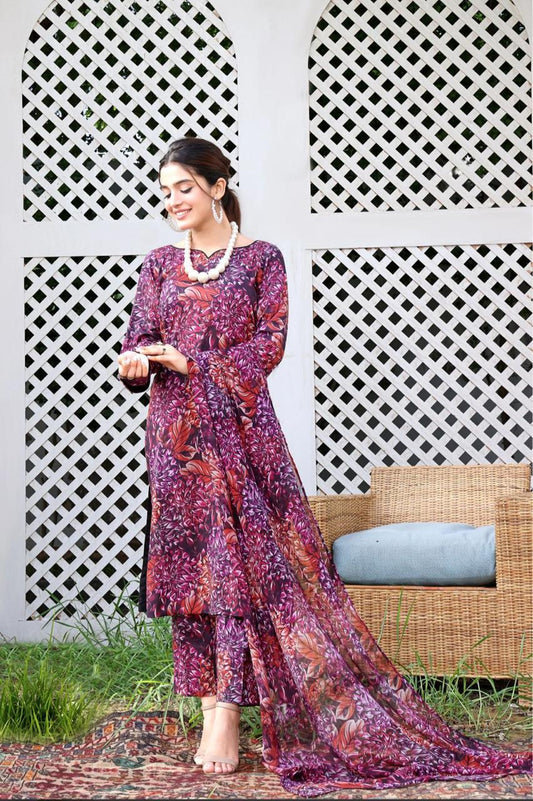Stylish Swiss Lawn Digital Print Suit With Dupatta 3Pcs Dress