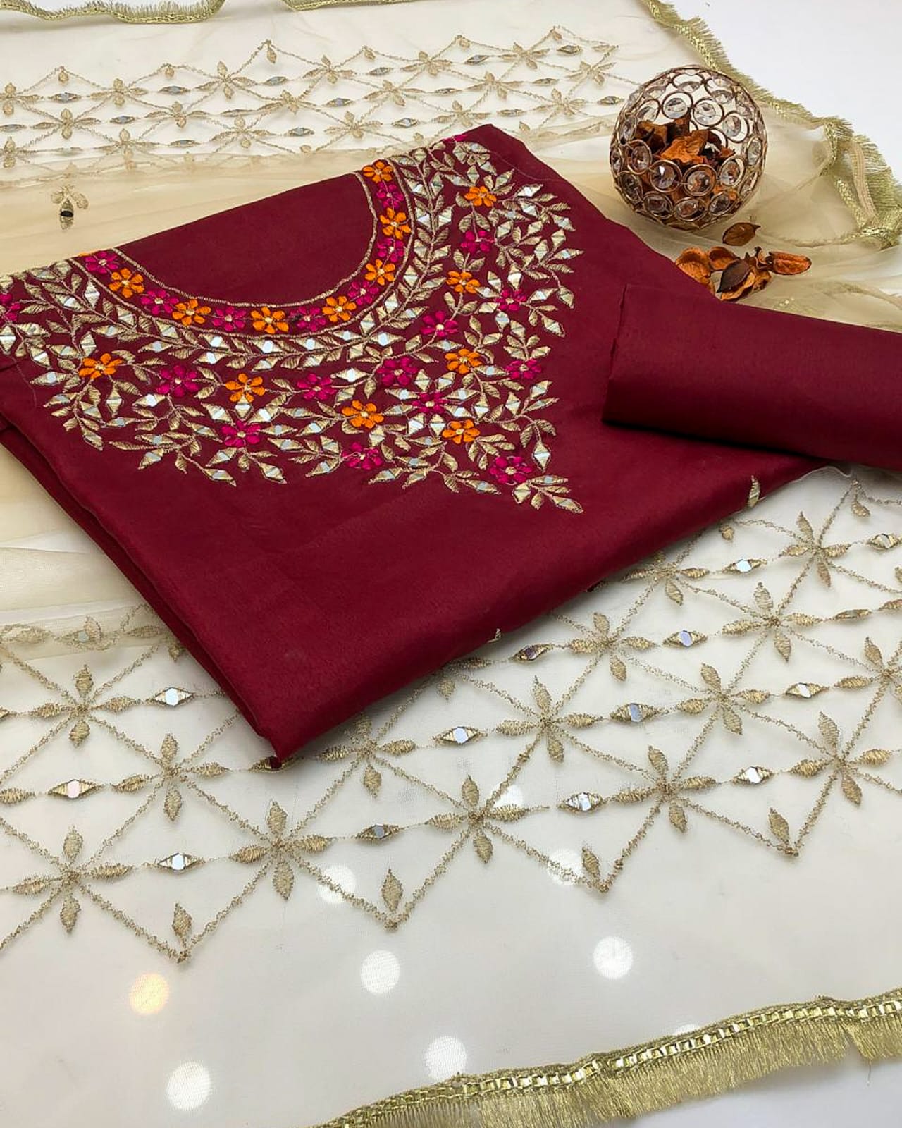 True Kataan Silk Reta Embroidered Shirt and Dupatta 3Pcs Dress