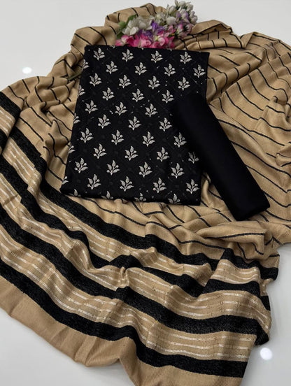 Marina Linen Embroidered Shirt With Velvet Shawl 3Pcs Dress