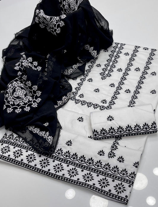 Blooming Lawn Cotton Embroidered Suit 3Pcs Dress