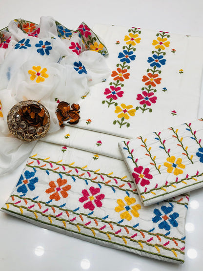 Pure Lawn Cotton Cross Stitch Shirt and Dupatta 3Pcs Dress