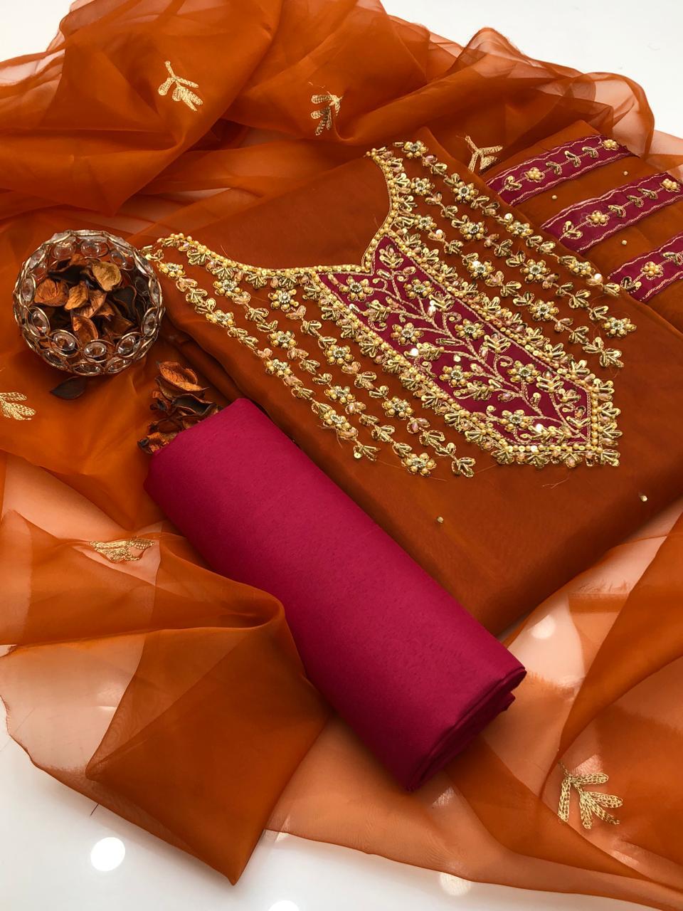 Orivana Organza Shirt with Embroidered Dupatta & Silk Trouser 3Pcs Dress