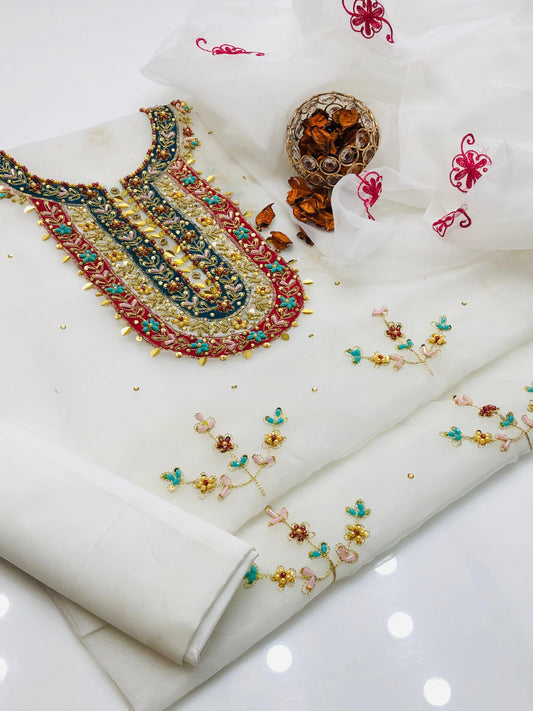 Exquisite Multi Appliqué Organza with Kataan Silk 3Pcs Dress