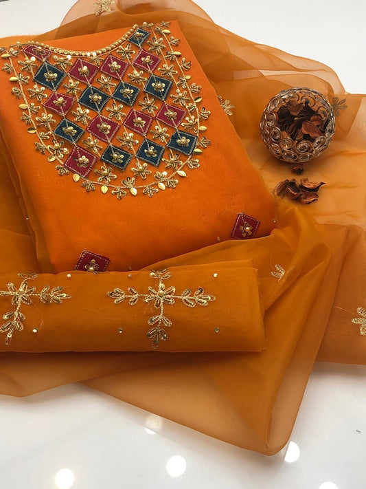 Bright Organza Aari Embroidery and Applic Work Shirt with Dupatta 2Pcs Dress