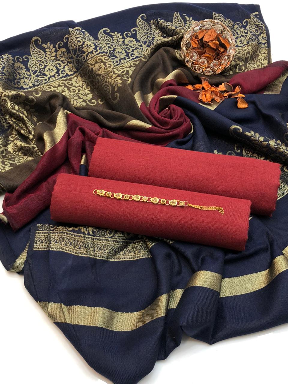 Acrylic Wool Suit With 3D Pashmina Shawl 3Pcs Dress