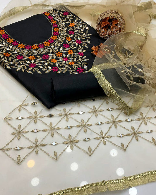 True Kataan Silk Reta Embroidered Shirt and Dupatta 3Pcs Dress