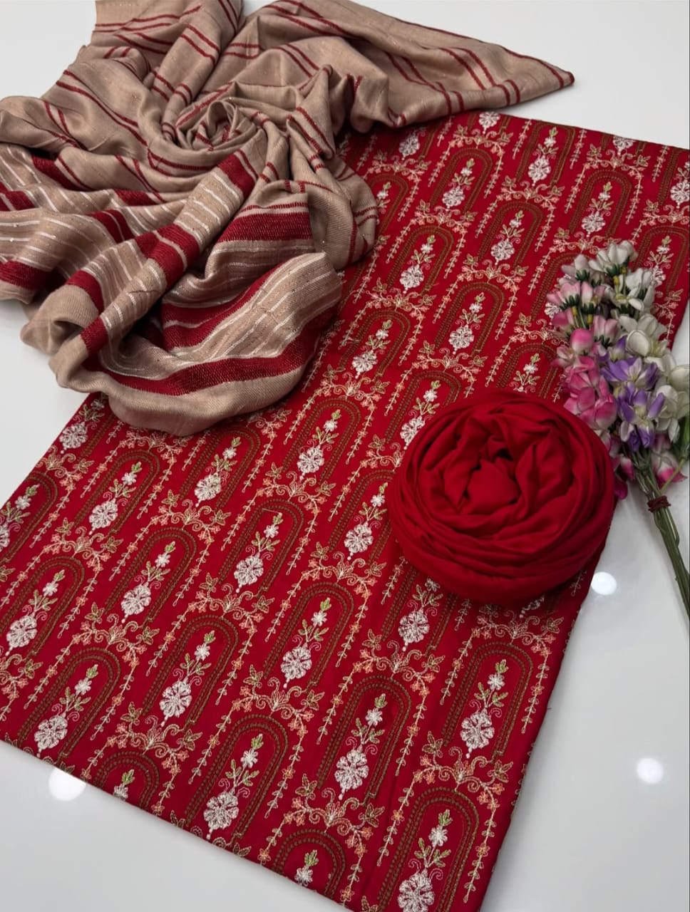 Marina Linen Embroidered Shirt With Velvet Shawl 3Pcs Dress