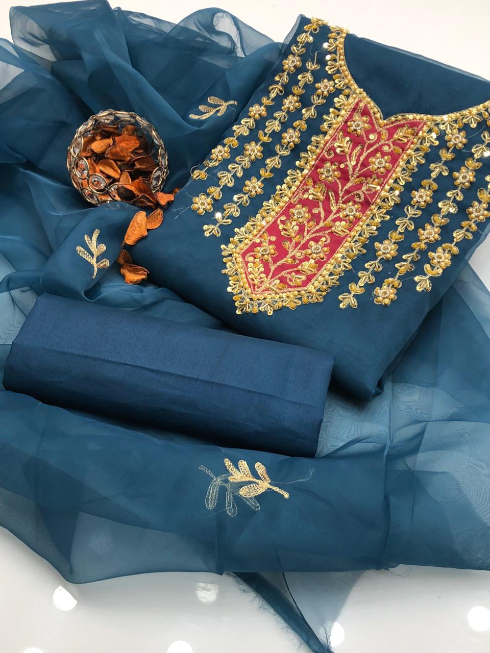 Orivana Organza Shirt with Embroidered Dupatta & Silk Trouser 3Pcs Dress