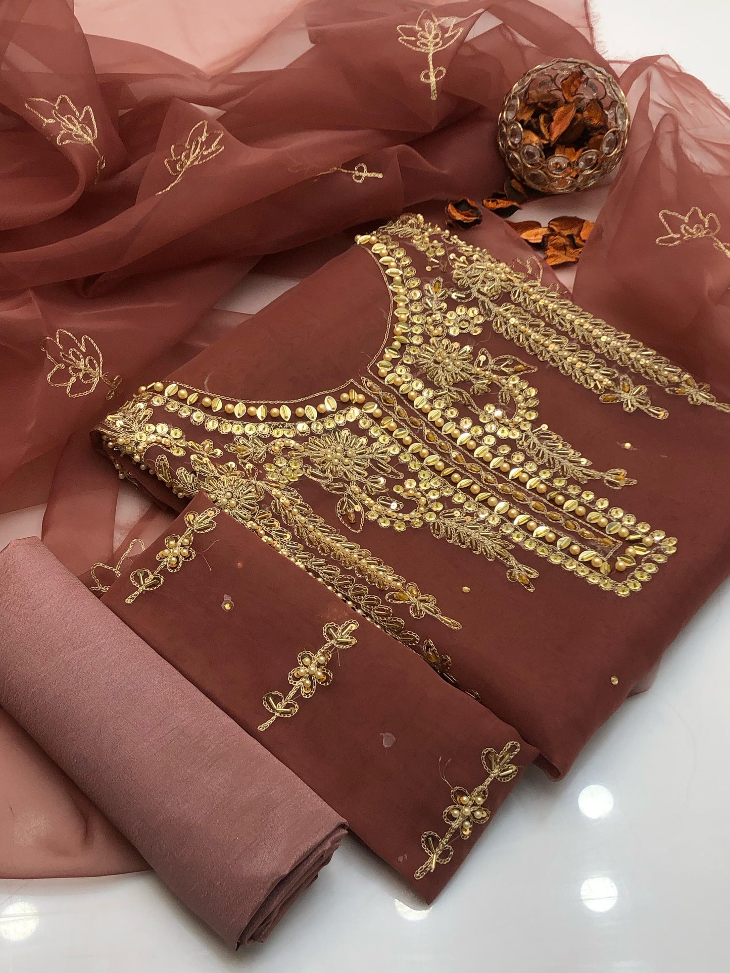 Luminara Organza Shirt with Embroidered Dupatta & Silk Trouser 3Pcs Dress