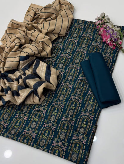 Marina Linen Embroidered Shirt With Velvet Shawl 3Pcs Dress