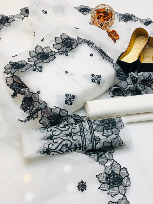 Refined Khaddi Net Embroidered 4 Pcs Dress with Cutwork & Khussa Gift