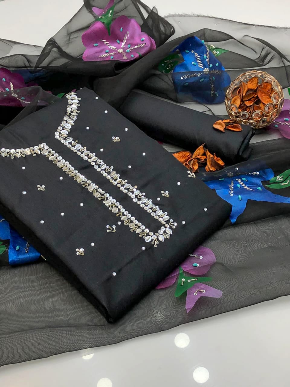 Opalya Kataan Silk Shirt with Oil Paint Dupatta & Trouser 3Pcs Dress
