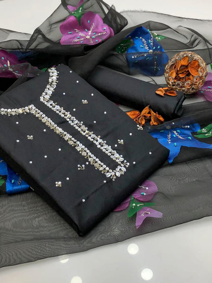 Opalya Kataan Silk Shirt with Oil Paint Dupatta & Trouser 3Pcs Dress