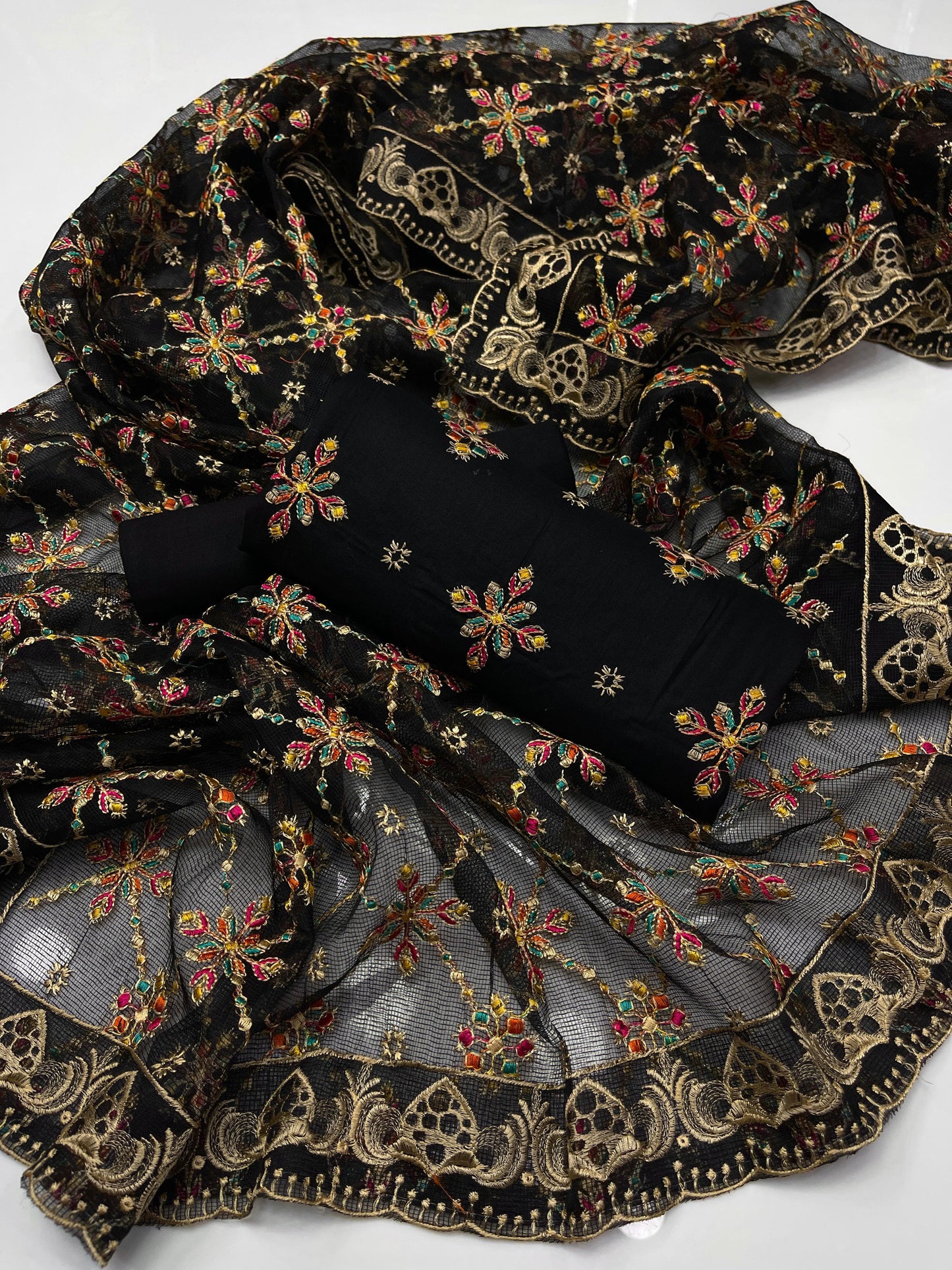 Khaddi Net Embroidered Shirt with Jaal Dupatta 3Pcs Dress