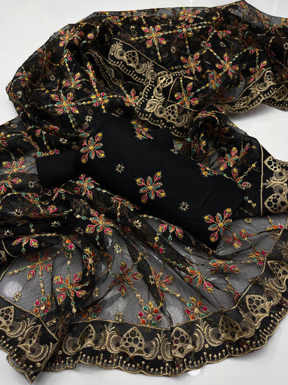 Khaddi Net Embroidered Shirt with Jaal Dupatta 3Pcs Dress