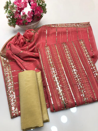 Chiffon Heavy Embroidered Double-Sided Border 3Pcs Dress