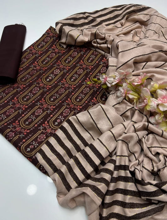 Marina Linen Embroidered Sequin Work with Velvet Shawl 3Pc Dress