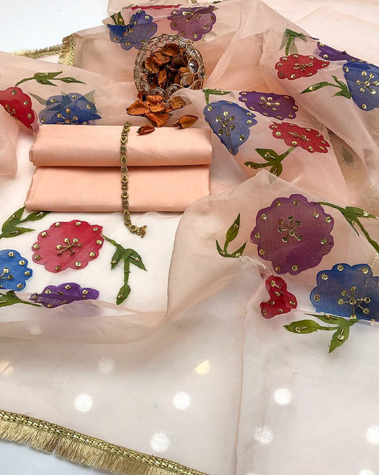 Enchant Kataan Silk Brush Paint & Zari Work 3Pcs Dress
