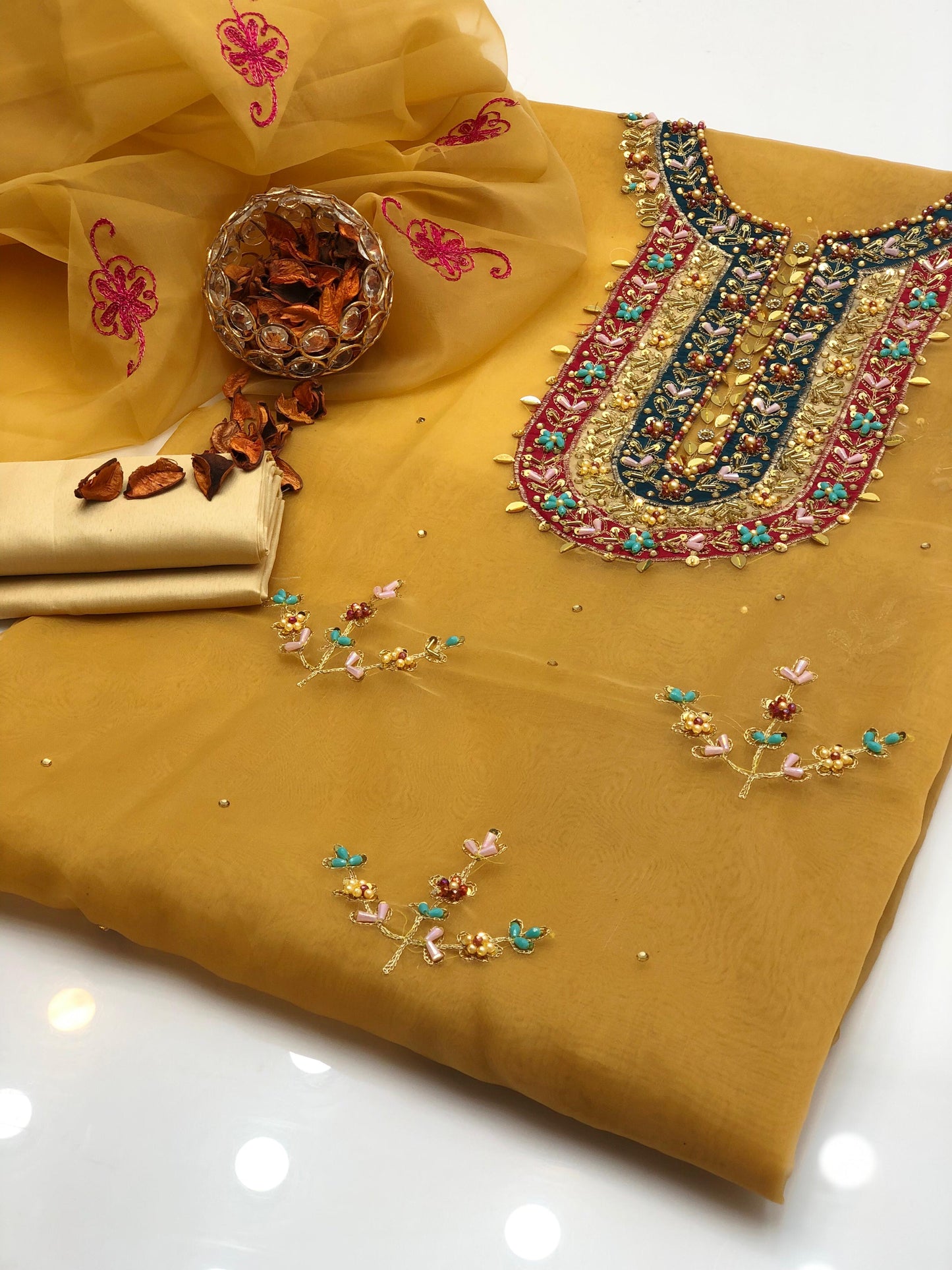 Exquisite Multi Appliqué Organza with Kataan Silk 3Pcs Dress