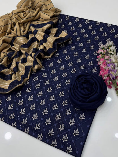 Marina Linen Embroidered Shirt With Velvet Shawl 3Pcs Dress