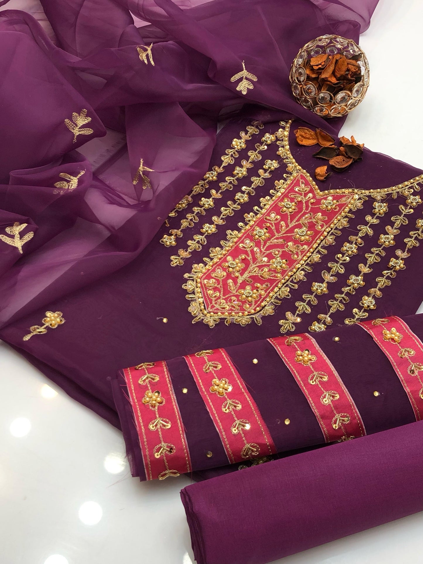 Orivana Organza Shirt with Embroidered Dupatta & Silk Trouser 3Pcs Dress