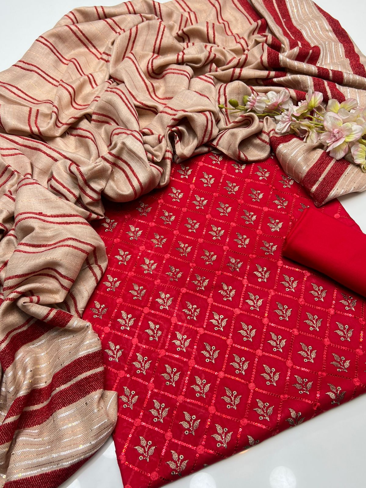 Festive Marina Linen Embroidered Shawl Style 3Pc Dress